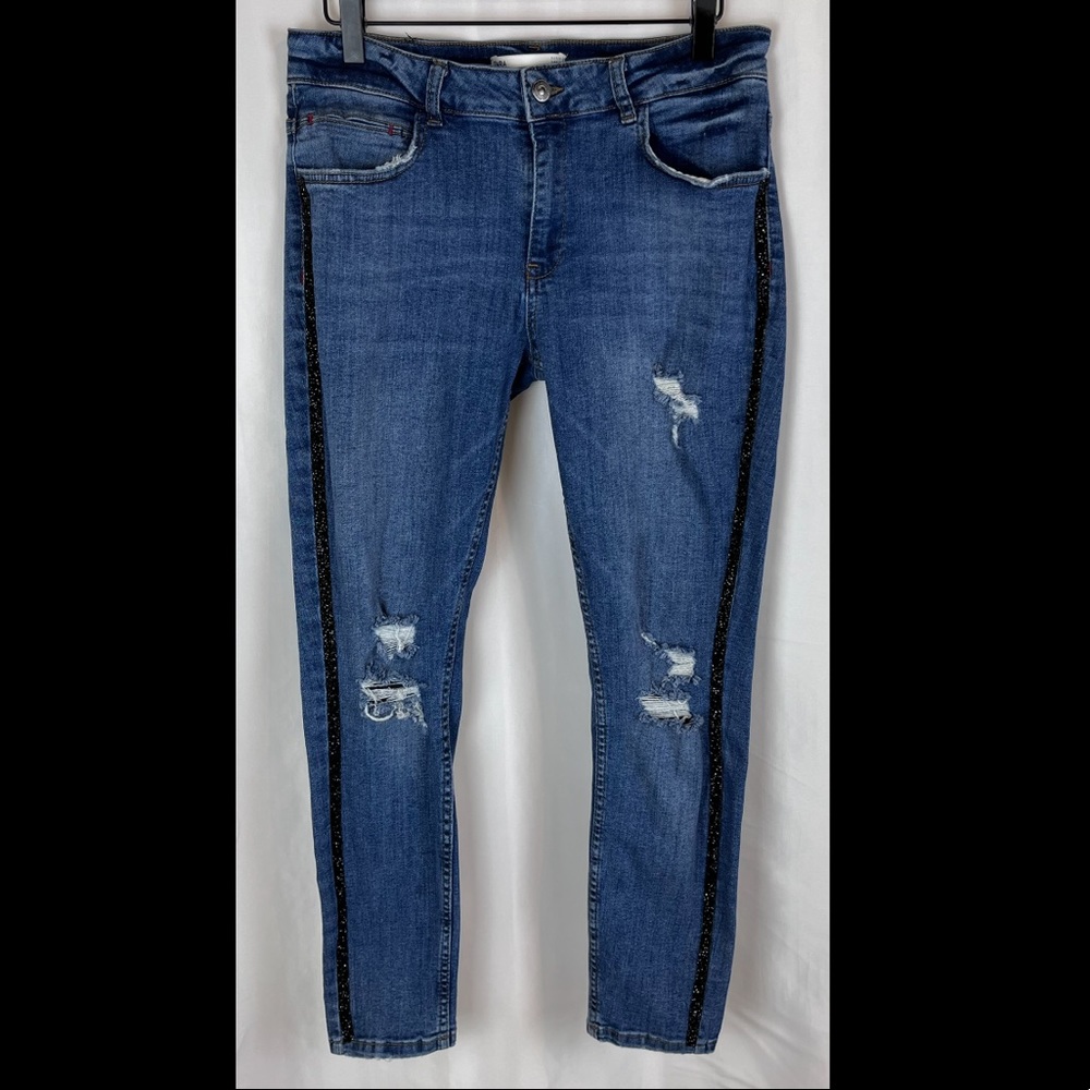Zara Z1975 Distressed Denim Jeans with Black Studded Side Stripe - Size 10